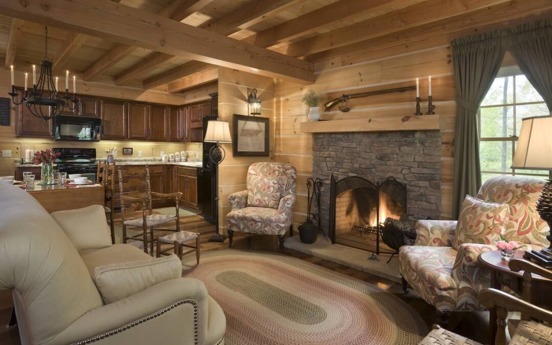 Interior, horizontal, living room toward kitchen, Clayton residence, Honest Abe Log Homes